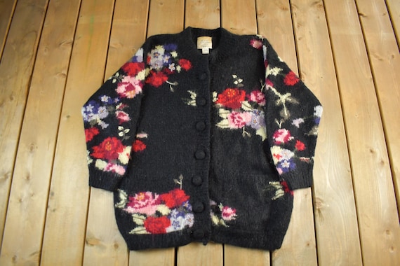 Vintage 1990s Hand Knitted Mohair Knit Cardigan Sweater Women's Large / Floral Garden Pattern / Grandma Sweater / Fuzzy Cozy Knitted