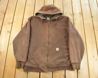 Vintage Y2K Distressed Carhartt Fleece Lined Full Zip Hoodie Sweatshirt Men's Large / Workwear / Streetwear / Fleece Lined Hoodie