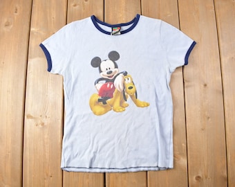 Vintage 1990s Disney Mickey Mouse Pluto Graphic Ringer T-Shirt Cartoon Character Graphic / Mickey Mouse / 90s / Streetwear Fashion