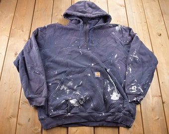 Vintage 1990s Carhartt Quarter Zip Up Hoodie Sweatshirt / Vintage Workwear / Vintage Carhartt / Vintage Distressing / Heavy Weight