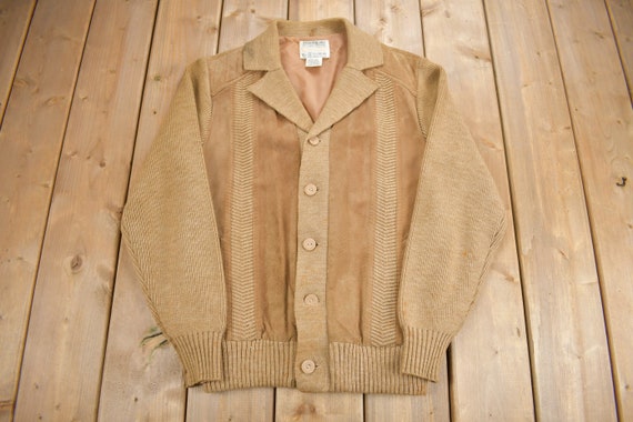 Vintage 1970s Sears the Men's Store Knit Jacket / Leather Accents