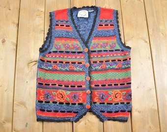Vintage 1980s Floral Knitted Women's Cardigan / Custom Name Tag
