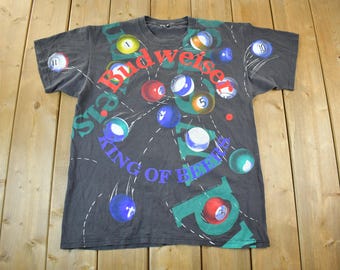 Vintage 1992 Budweiser Billiards Pool All Over Print Graphic T-Shirt Men's Large / Streetwear / 1990s Graphic Tee / Beer Shirt