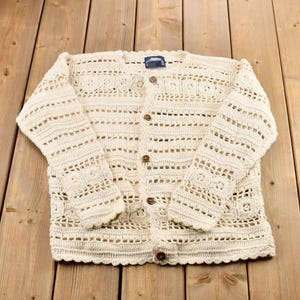 Vintage 1990s Women&#39;s Rey Wear White Hand Knit Bolivian Cardigan Sweater / Birdseye Knit Cardigan / Size Medium