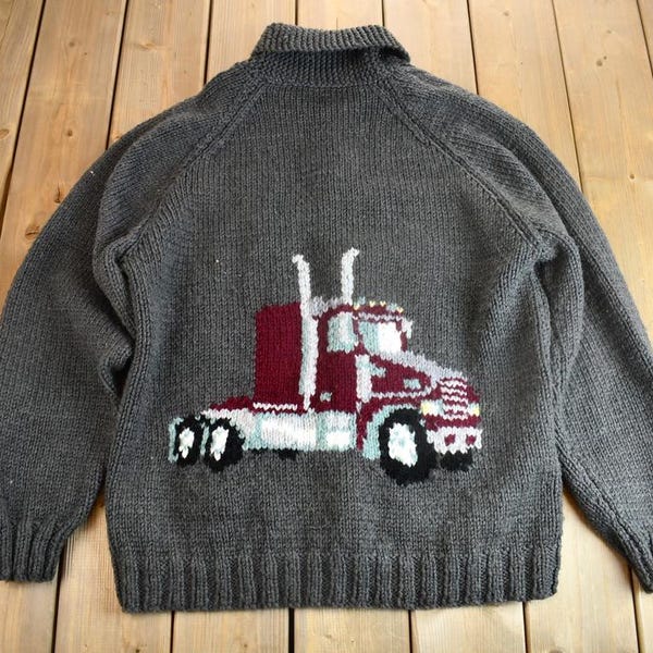 Vintage jaren 90 transportvrachtwagen thema gebreide cowichan trui / zuivere wol / ritssluiting / geborduurd