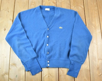 Vintage 1980s Lacoste Izod Blue Knit Mini Green Crocodile Perfect Mild Distress Cardigan Sweater Made In USA