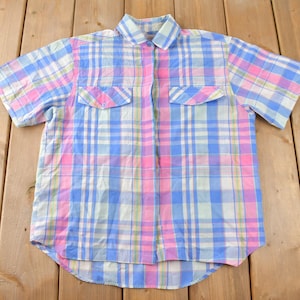 Vintage 1990s Harbour Isle Pastel Plaid Button Up Flannel Shirt Size M