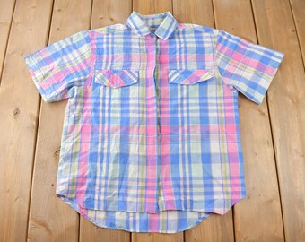 Vintage 1990s Harbour Isle Pastel Plaid Button Up Flannel Shirt Size M