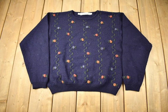 Vintage 1990s Jumper Embroidered Wool Knitted Cre… - image 1