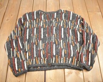 Vintage 1990s Kitty Hawk By Vivian Wang 3D Knit Cardigan Coloured Cable Knit / Designer Button Up Sweater