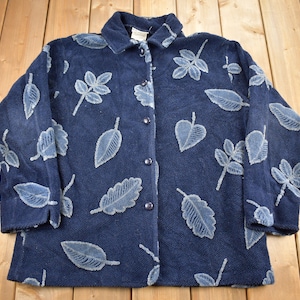 Vintage 1990s Robert Kitchen Leaves Theme All Over Print Fleece Sweater / Outdoorsman / Made In Canada / Fleece Button Up