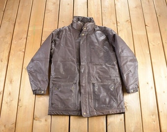 80s Vtg Eddie Bauer Leather Jacket Goose Down Sz M Zip Snap Slash