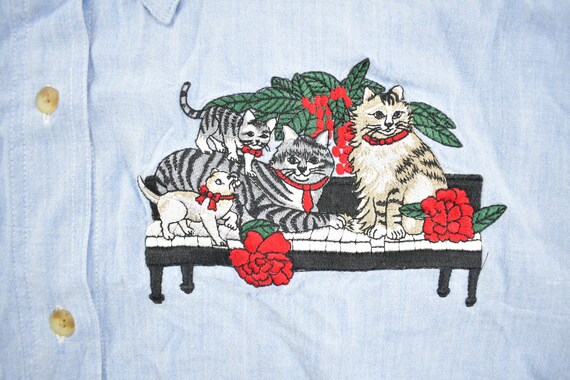 Vintage 1990s Cute Embroidered Cats Button Up Shi… - image 3