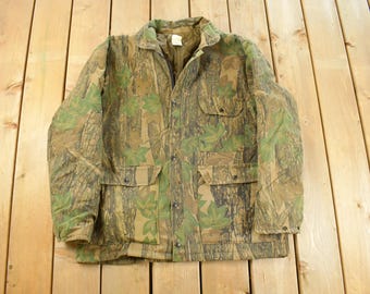 Vintage 1990s Tree Camo Full Zip Jacket Men's Large / Camo Jacket / Tree Bark Camouflage / Streetwear / Made in USA / Hunting Jacket