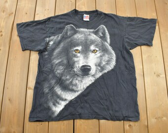 Camiseta vintage de 1995 con estampado gráfico integral de lobo gris / Talla XL / Costura simple / Ropa urbana / Camiseta de naturaleza / Amante de la naturaleza