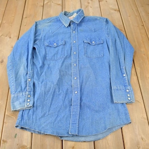 Vintage 1990s Saddle King Western Denim South Western Style Pearl Snap Button Up Rodeo Shirt