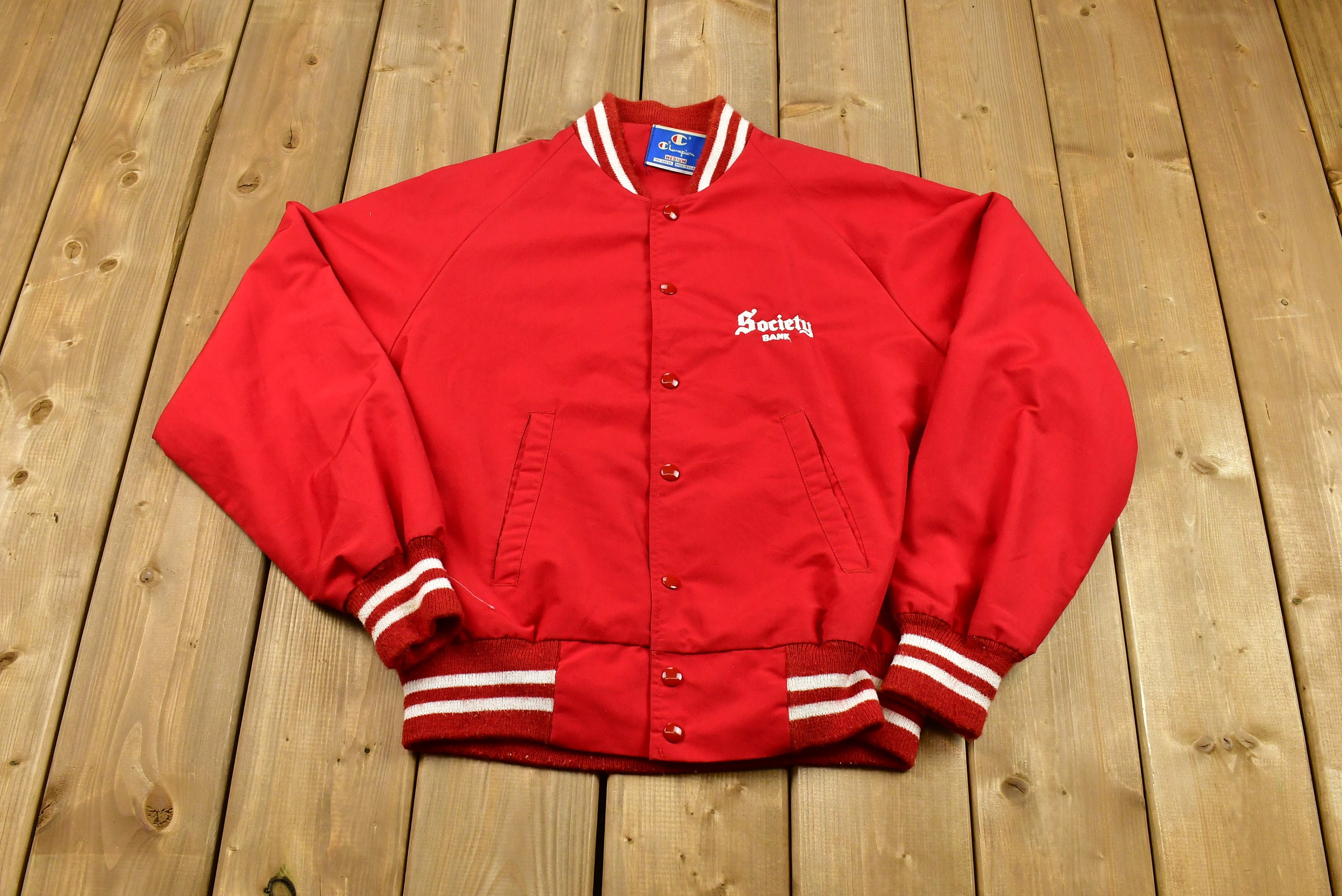 Vintage 1990s Champion Sportswear Satin Snap Button Bomber / Embroidered Society Bank / Sportswear / Outerwear Jacket / Streetwear Fashion