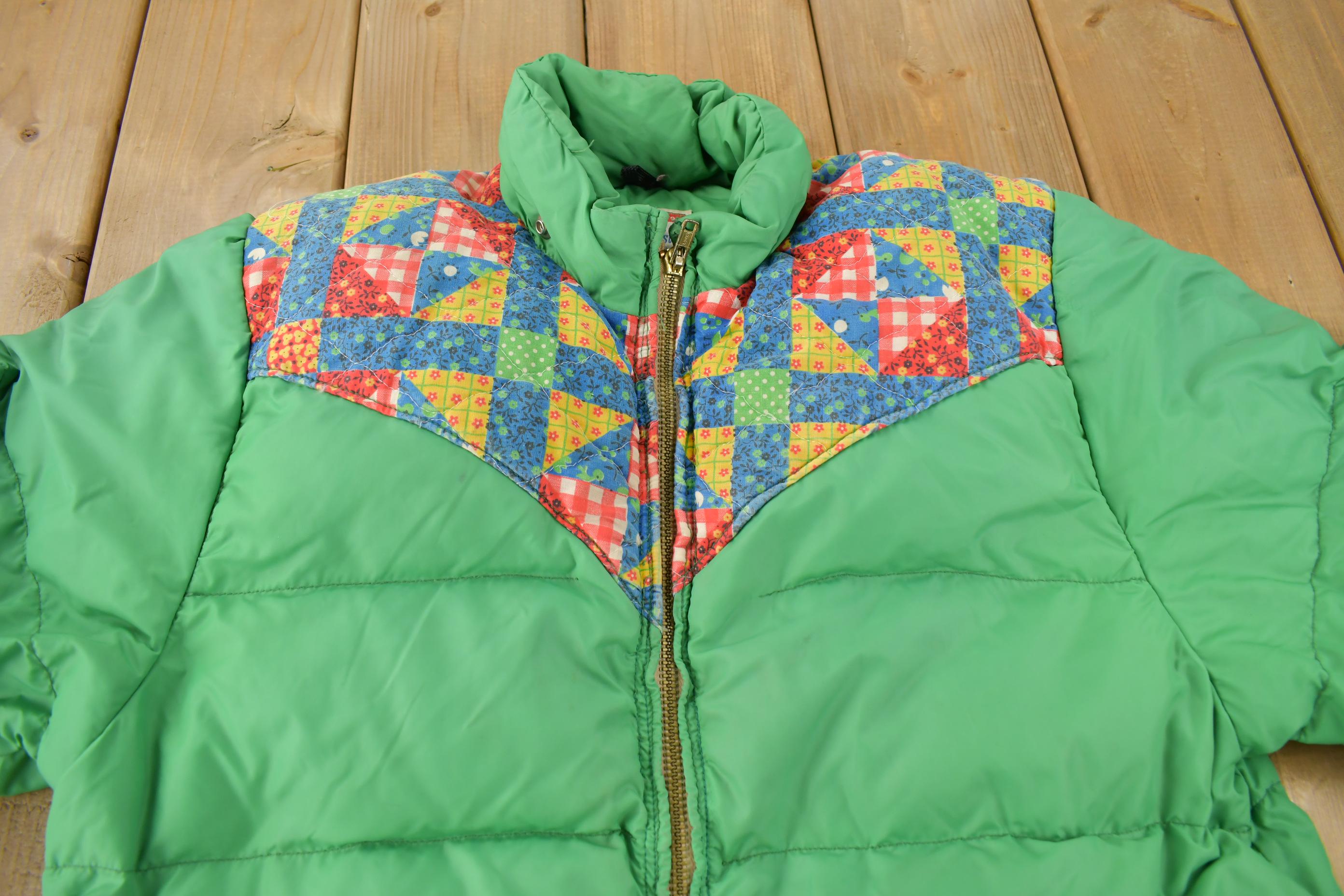 Vintage 1970s Frostline Patchwork Pattern Goose Down Puffer Jacket 