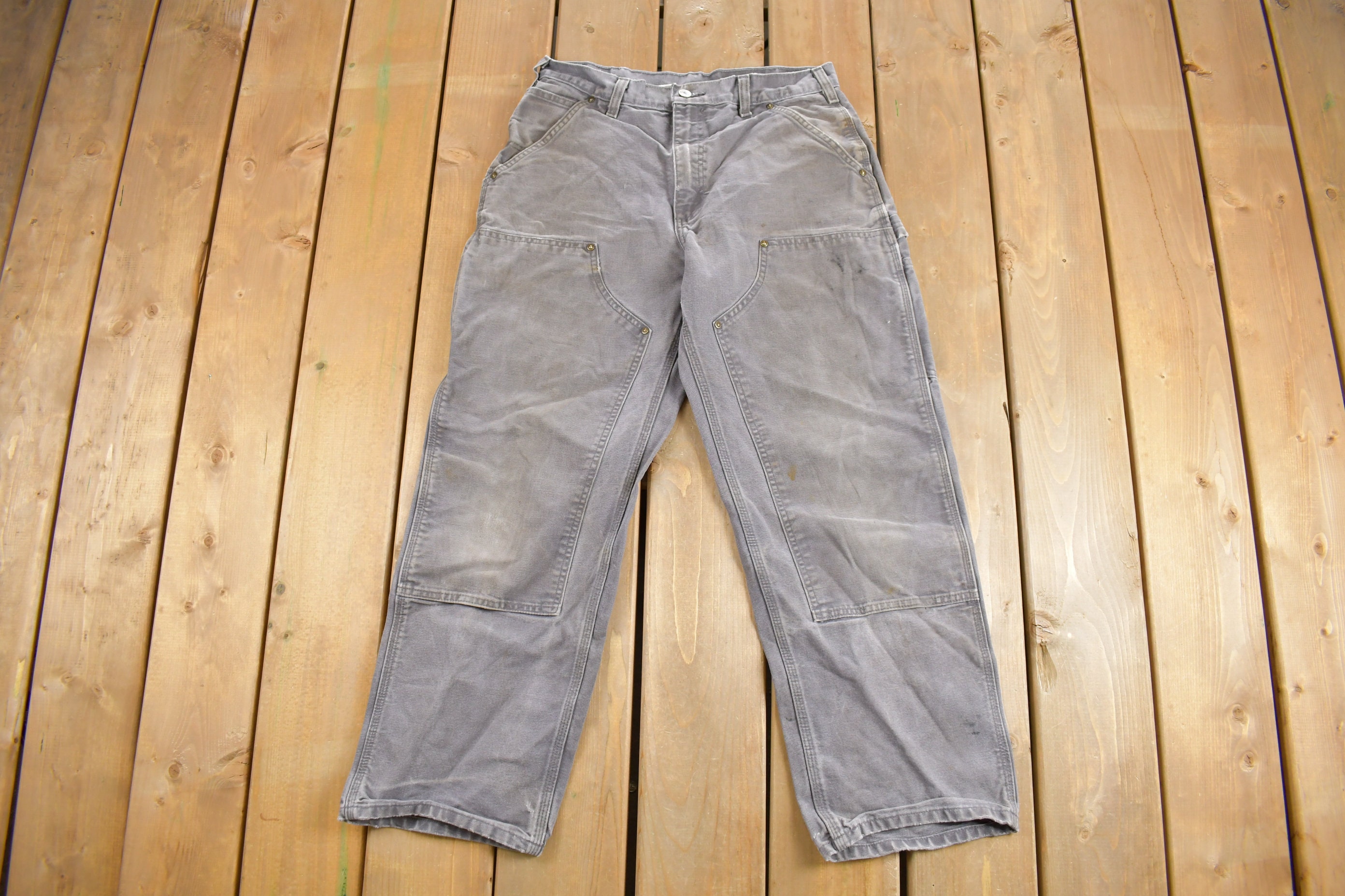 Vintage 1990s Carhartt Double Knee Work Pants Size 31 x 27 / Grey / Distressed Carhartt 90s Workwear / Vintage Double Knees