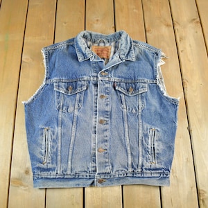 Vintage 1990-tals Levi's Denim Blanket Fodrad Västjacka Herr Medium / Tillverkad i USA / Jeanstruckärmar i sliten modell