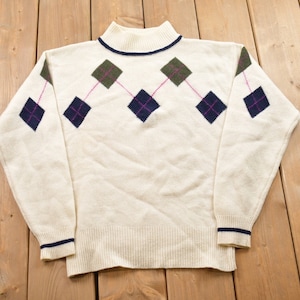 Suéter de cuello alto de lana de cordero de punto Liz Sport vintage de los años 90 / Cuello alto vintage de los años 90 / Punto de rombos / Cuello alto de rombos / Sudadera