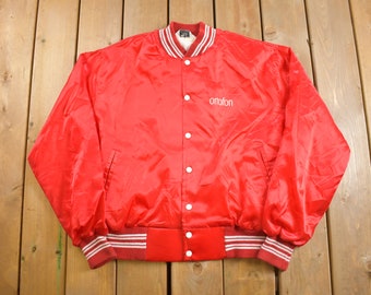 Vintage 1980s Ortofon Red and White Satin Bomber Jacket / Snap Button / Streetwear / Souvenir Jacket / Made In USA / Streetwear / Buccaneer