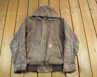 Vintage 2000s Distressed Sun Faded Carhartt Hooded Lined Jacket Mens Small / Thrashed Sun Faded / Y2K Coat / Brown Workwear Coat