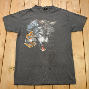 Vintage 1992 Harley Davidson Wolf Graphic 3D Emblem T-Shirt / Single Stitch / Made In USA / Las Vegas / Ride The Strip roll The Bones