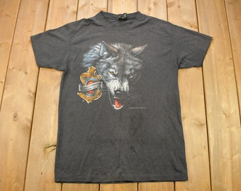 Vintage 1992 Harley Davidson Wolf Graphic 3D Emblem T-Shirt / Single Stitch / Made In USA / Las Vegas / Ride The Strip roll The Bones