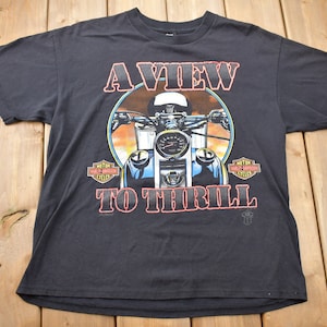 Vintage 1990s Harley Davidson A View to Thrill Graphic T-Shirt / Graphic Harley T-Shirt / 90s Streetwear / Retro Style / Graphic Biker Tee