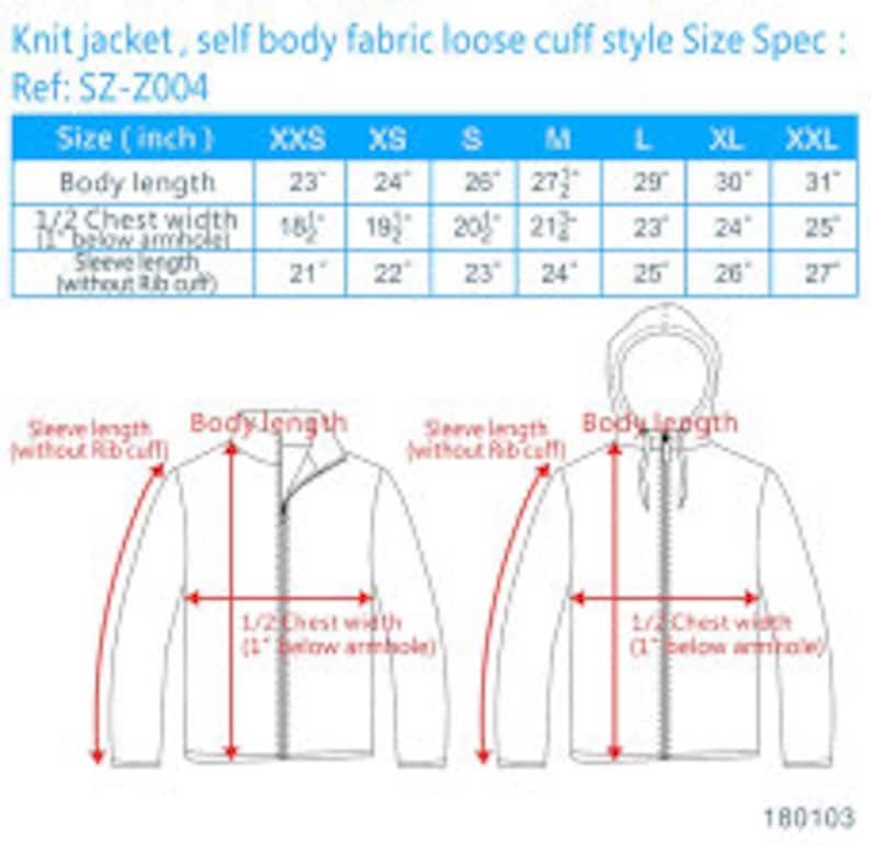 May include: Diagram of a knit jacket with measurements in inches. The image includes size specifications for body length, chest width, and sleeve length, ranging from XXS to XXL. The jacket features a loose cuff style.