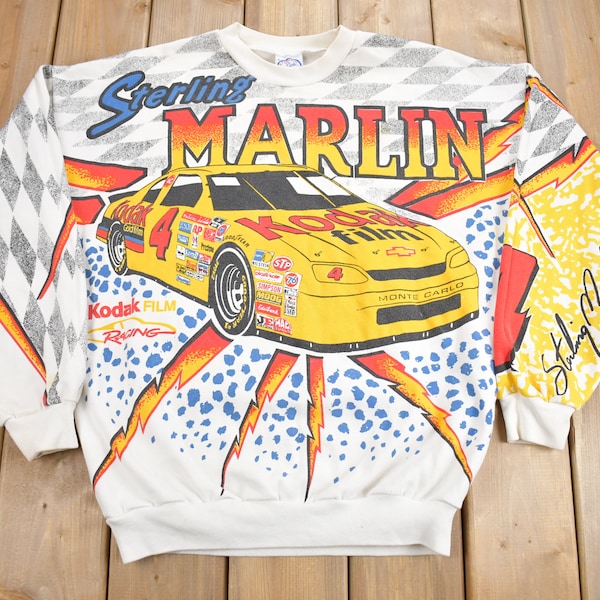 Vintage 1990s Sterling Marlin All Over Print Crewneck Sweatshirt / 90s Crewneck / Made In USA / Streetwear / Kodak Film Racing