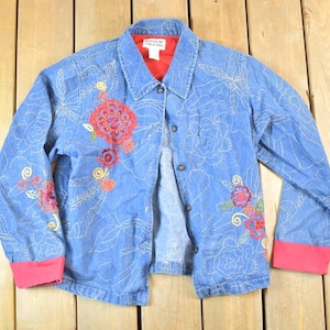 Vintage 1990s Tantrums Embroidered Floral Print 100% Cotton Lined Jean Jacket