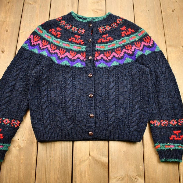 Vintage 1990s IVY Hand Knit Cardigan Button Down Sweater / Jacquard Pattern / Outdoor & Wilderness / Pullover Sweatshirt / Hong Kong