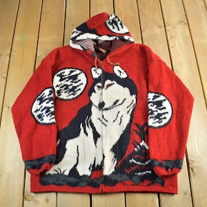 Vintage 1990s Genesis Wolf Ecuadorian Wool Knit Full Zip Hooded Sweater / Vintage Knit / Hoodie / Outdoors