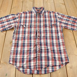 Vintage 1990s Wrangler Western Shirts Pearl Snap Short Sleeve Plaid Button Up Shirt Size M-L