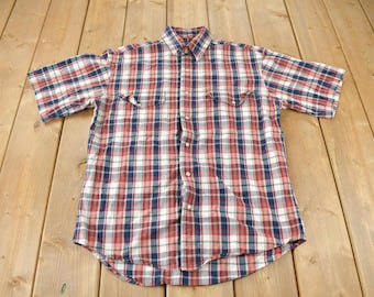 Vintage 1990s Wrangler Western Shirts Pearl Snap Short Sleeve Plaid Button Up Shirt Size M-L