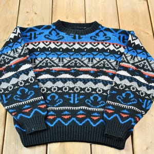 Vintage 1990s Women&#39;s Multicolor Knit Abstract Patterned Crewneck Sweater / 90s Crewneck / Cozy Knit Sweater / Vintage Knitwear