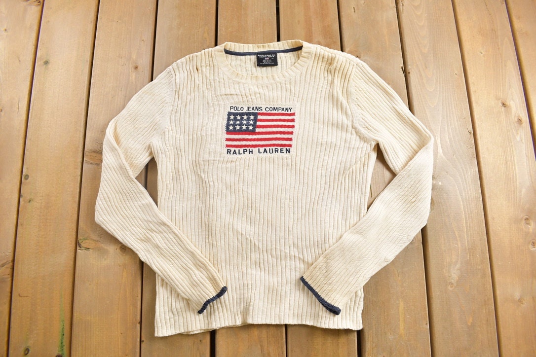 Vintage 1990's Polo Ralph Lauren USA Flag Knit Sweater Sz.M