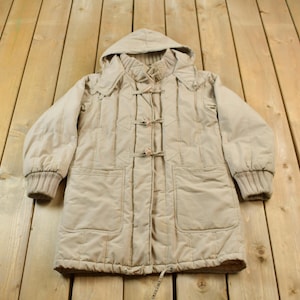 Vintage 1980s Beige Winter Parka Jacket / Hooded Jacket / Beige Jacket / Cold Weather Jacket / Streetwear / Long Coat / Long Jacket