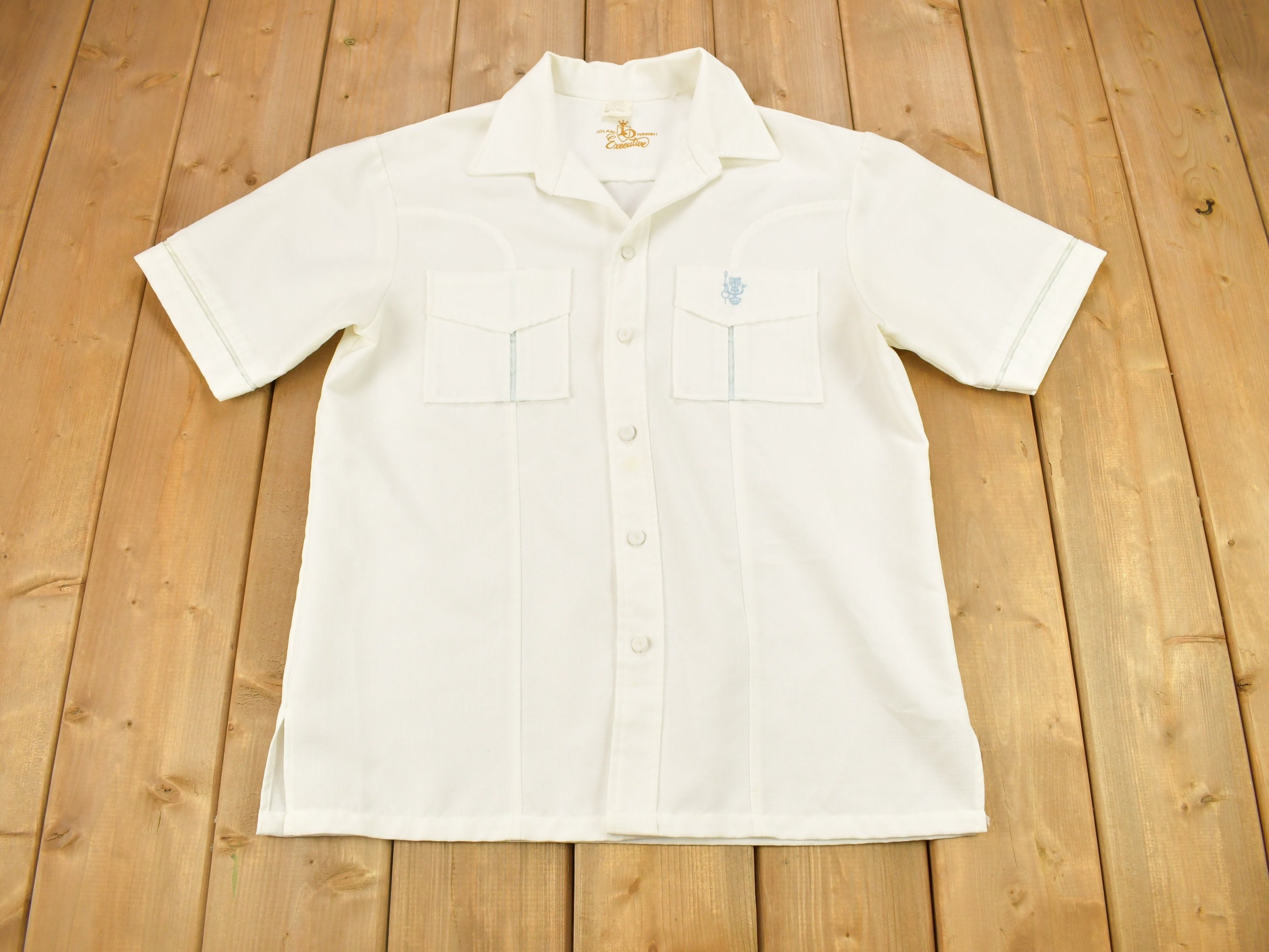 IOLANI HAWAII Executive ハワイアンシャツ 刺繍ロゴ IOLANIHAWAIIイオラニハワイ長袖アロハシャツ7分袖レース花柄