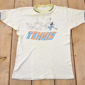 Vintage 1980s Disney Mickey Mouse Tennis Graphic Ringer T-Shirt / Graphic / 80s / Streetwear / Retro Style / Single Stitch / Made In USA