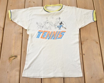 Vintage 1980s Disney Mickey Mouse Tennis Graphic Ringer T-Shirt / Graphic / 80s / Streetwear / Retro Style / Single Stitch / Made In USA