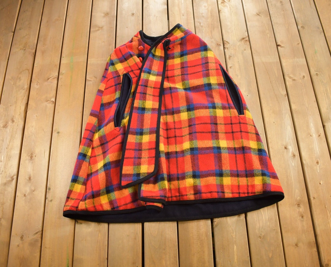 Vintage 1980s Wool Plaid Poncho / Colorful / Plaid
