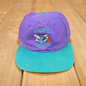 May include: A purple and teal baseball cap with the Charlotte Hornets logo embroidered on the front. The logo features a cartoon hornet with a basketball.