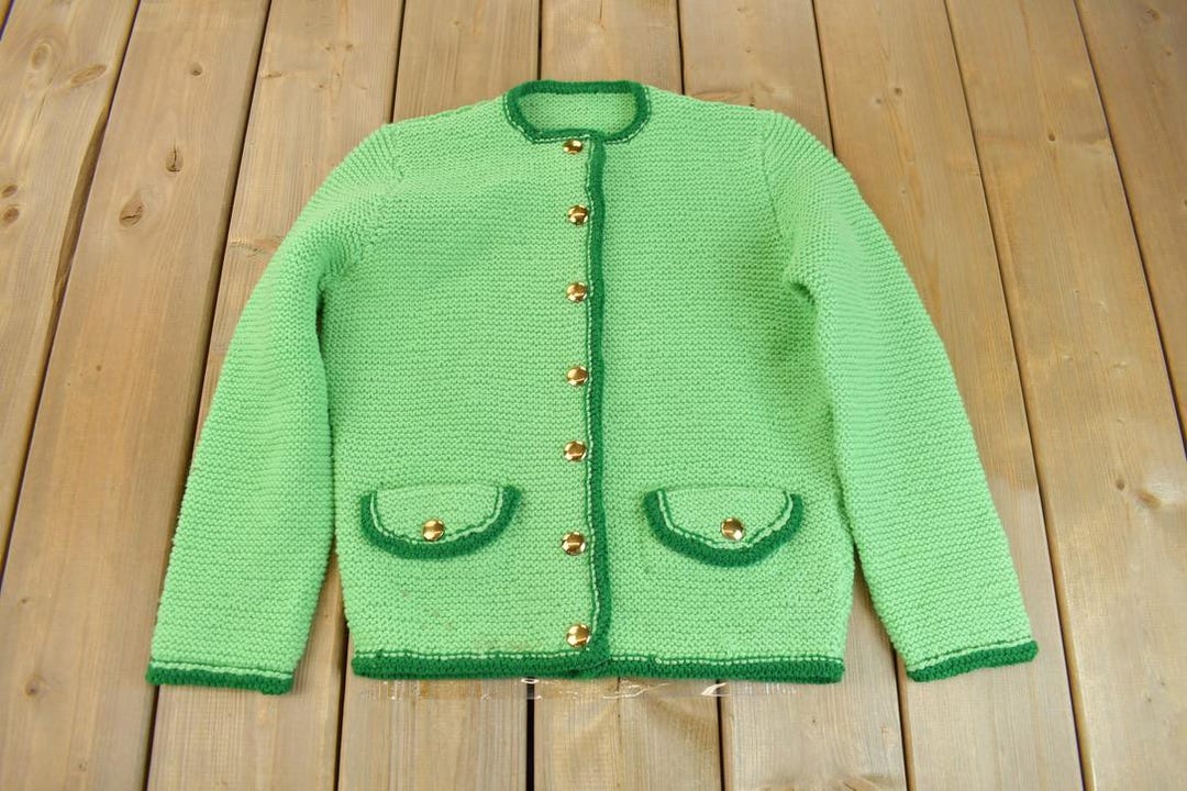Vintage 1960s Lime Green Knit Cardigan Sweater / Vintage Cardigan