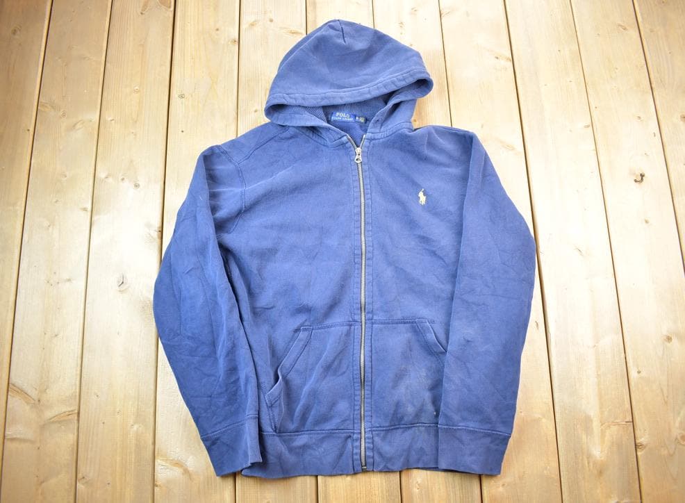1990’s POLO RALPH LAUREN HOODED JKT Vintage 1990s Polo Ralph Lauren Full Zip Blue Hoodie / 90s Hoodie