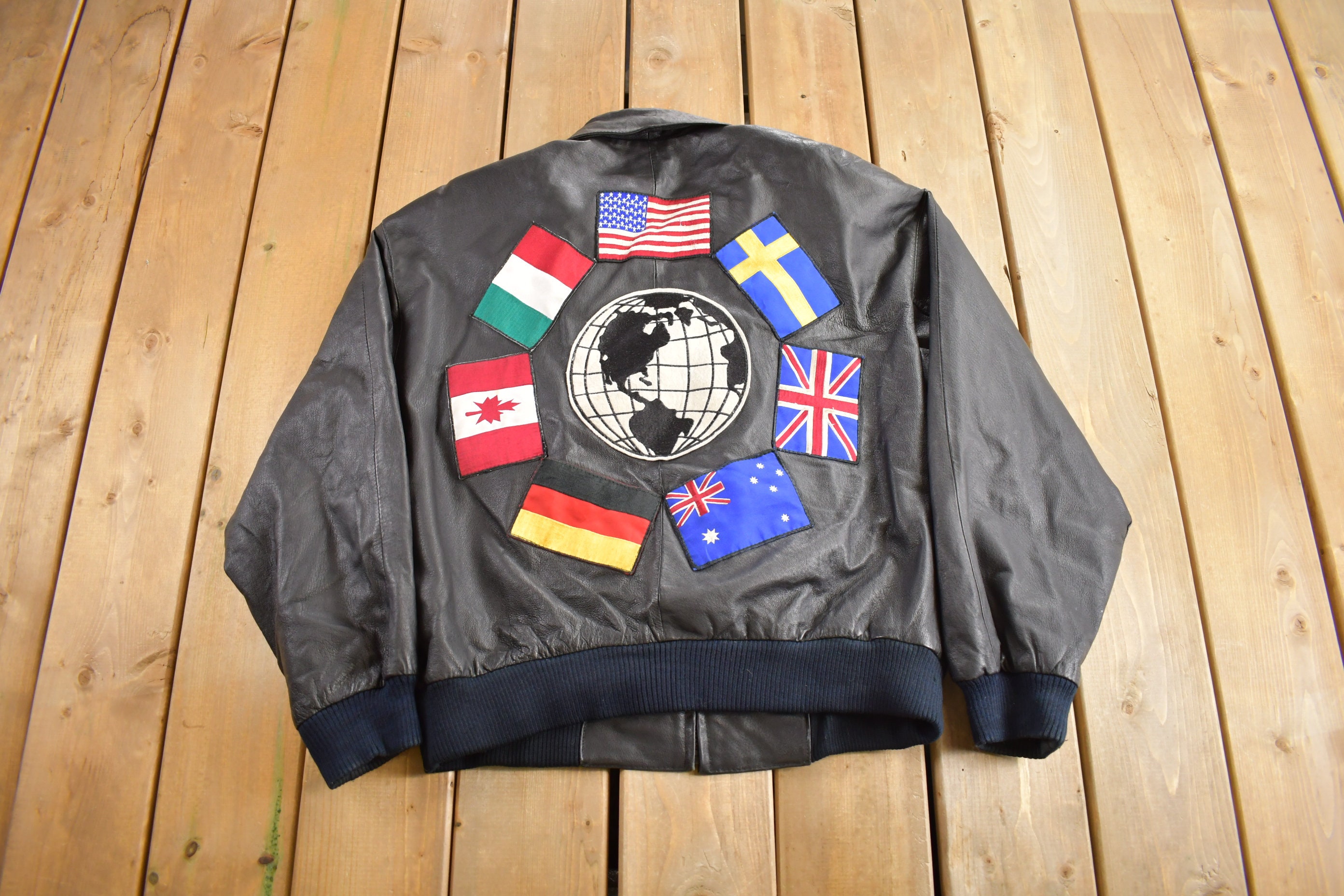 Vintage 1990s World Flags Patchwork Leather Jacket Vintage 1990s World Flags Patchwork Leather Jacket