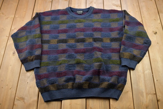 Vintage 1990s Tosani 3D Colored Cable Knit Crewneck Sweater 