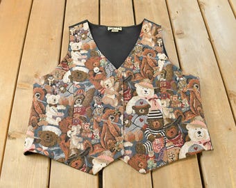 Chaleco vintage de los años 90 con estampado de ositos de peluche, abotonado, talla grande para mujer / Bordado / Estampado integral / Patrón integral